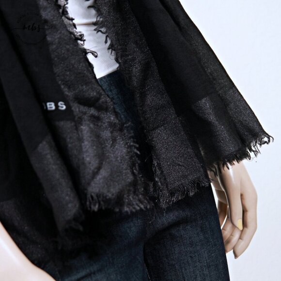 Marc Jacobs Colorblock Sheer Shimmer Fringe Black Silver Scarf Women One Size - Picture 9 of 11